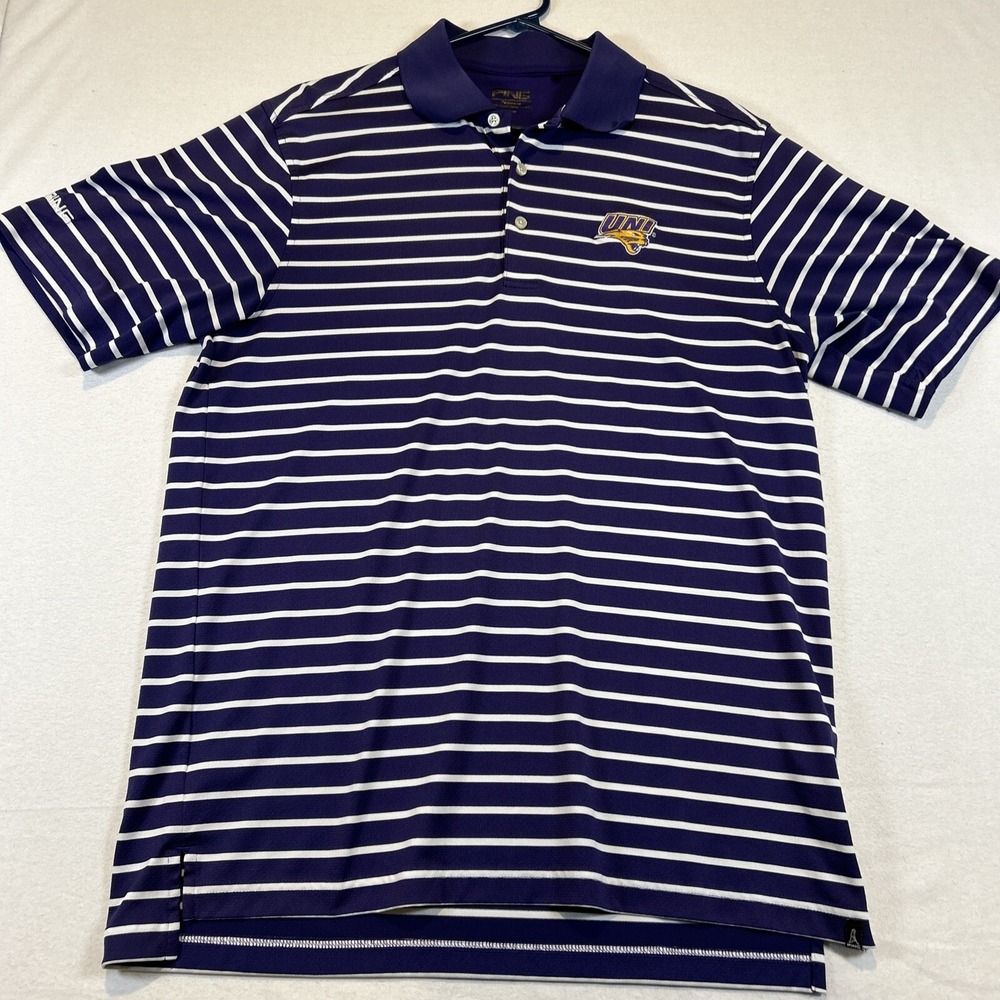 Ping Mens Golf Polo Shirt Short Sleeve Medium Purple White Stripes UNI Panthers
